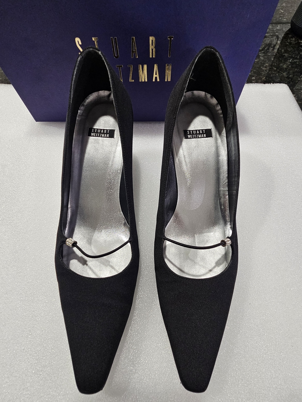 Stuart Weitzman Black Pointed Toe Pumps with Decorative Strap